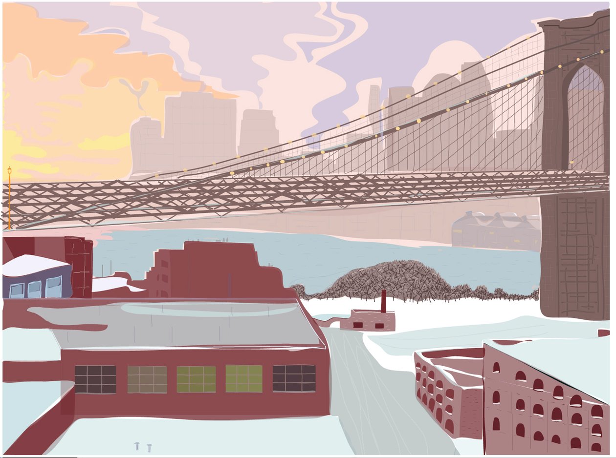 Brooklyn Bridge, opklarende storm, 2015 (met de hand getekend op een iPad met een Apple-potlood) door Evan Sklar
