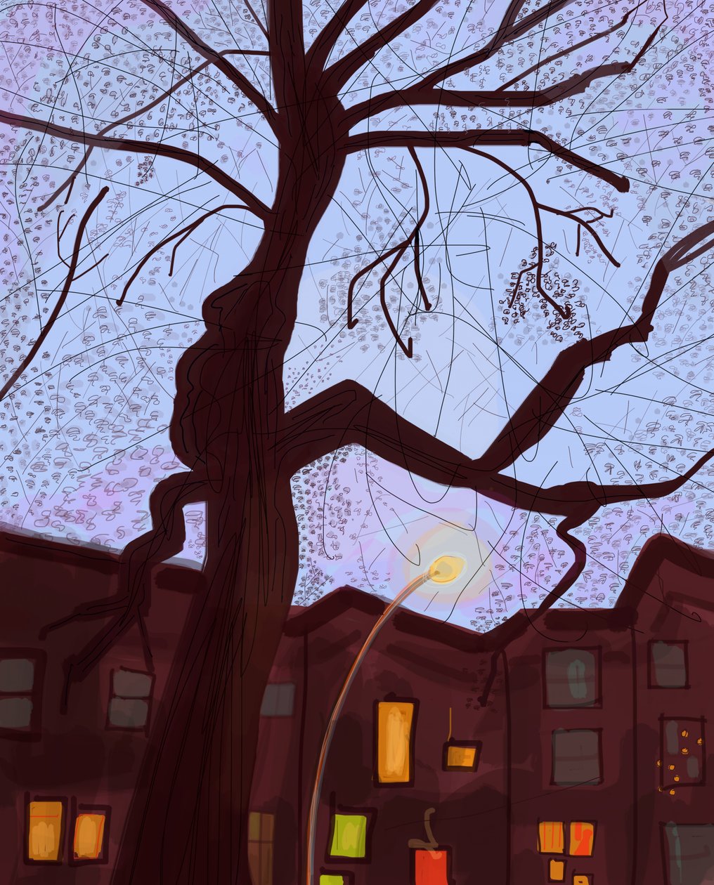 Brooklyn Brownstone Street At Dusk, 2016 (met de hand getekend op een iPad met een Apple potlood) door Evan Sklar