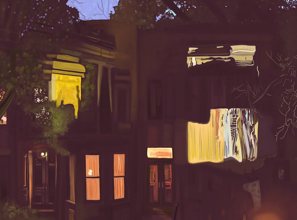 Brownstones bij nacht , c.2020-24 (digitale kunst) door Evan Sklar