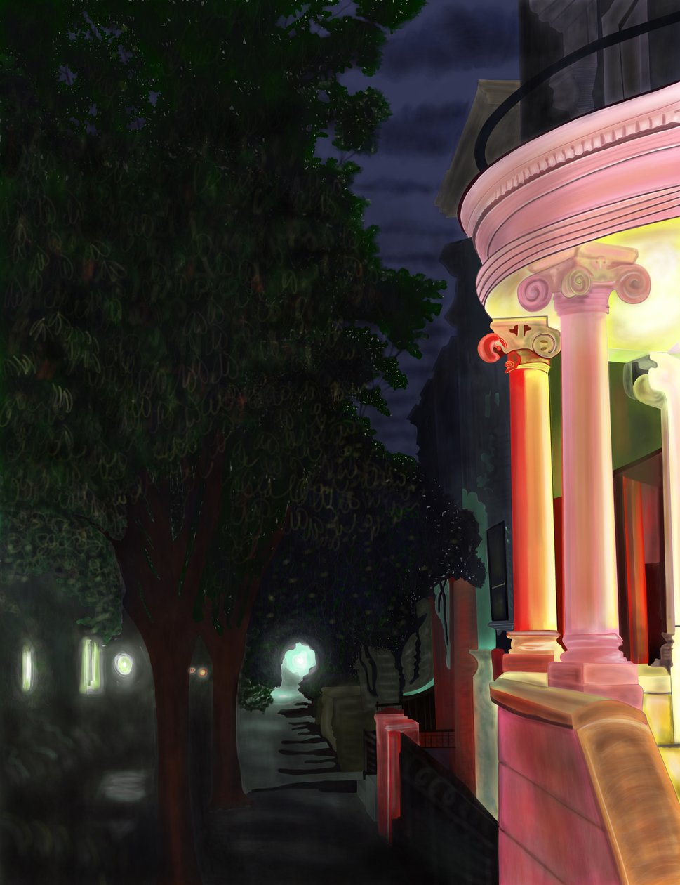 Hoek van Seventh Street en prospect park west bij nacht (digitale kunst) door Evan Sklar