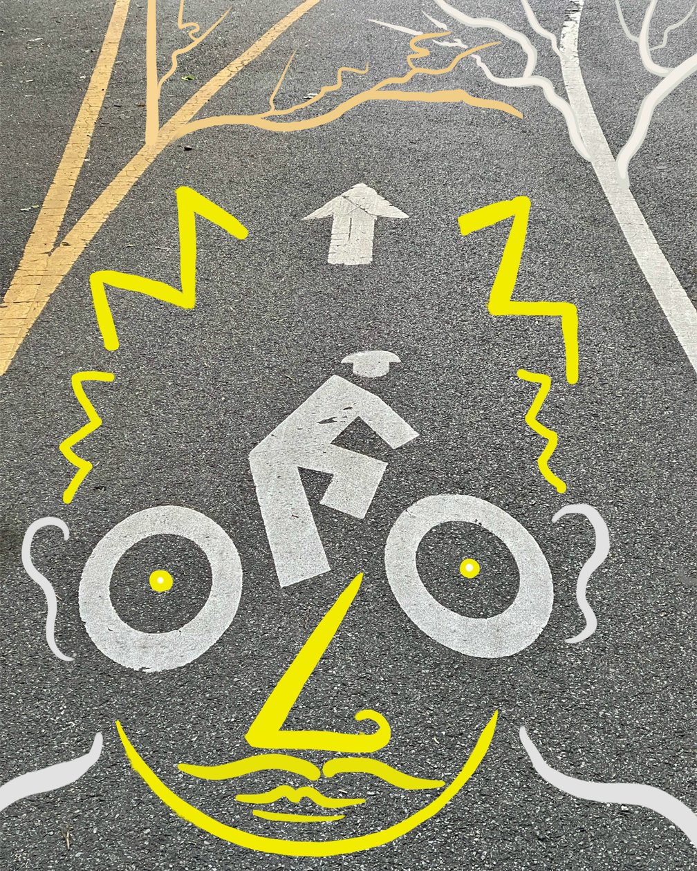 Fietser en bewegwijzering, ca 2020-24 (digitale kunst) door Evan Sklar