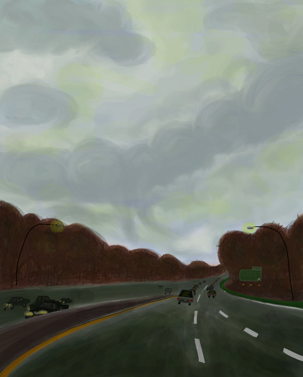 Rijden op de Long Island Expressway, 2017 (met de hand getekend op een iPad met een Apple-potlood) door Evan Sklar