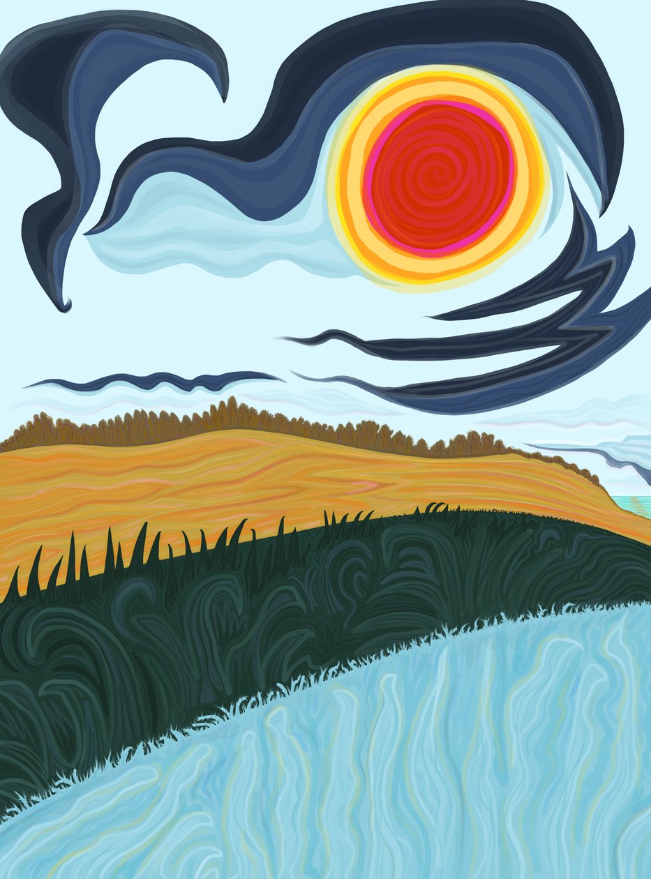 Veld, gras en lucht aan zeekust (digitale kunst) door Evan Sklar