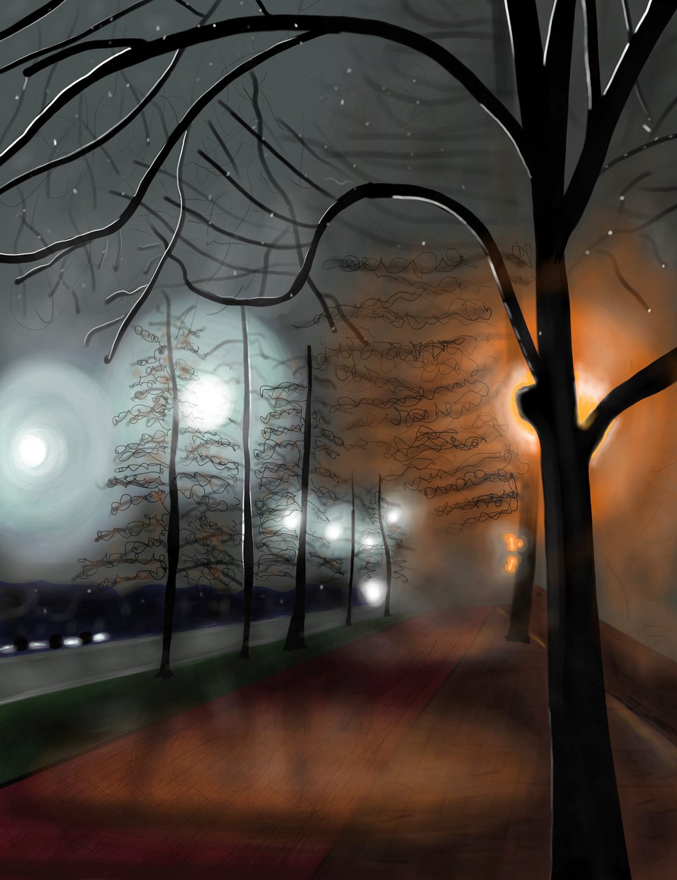 Mist bij nacht, Prospect Park, Brooklyn (digitale kunst) door Evan Sklar