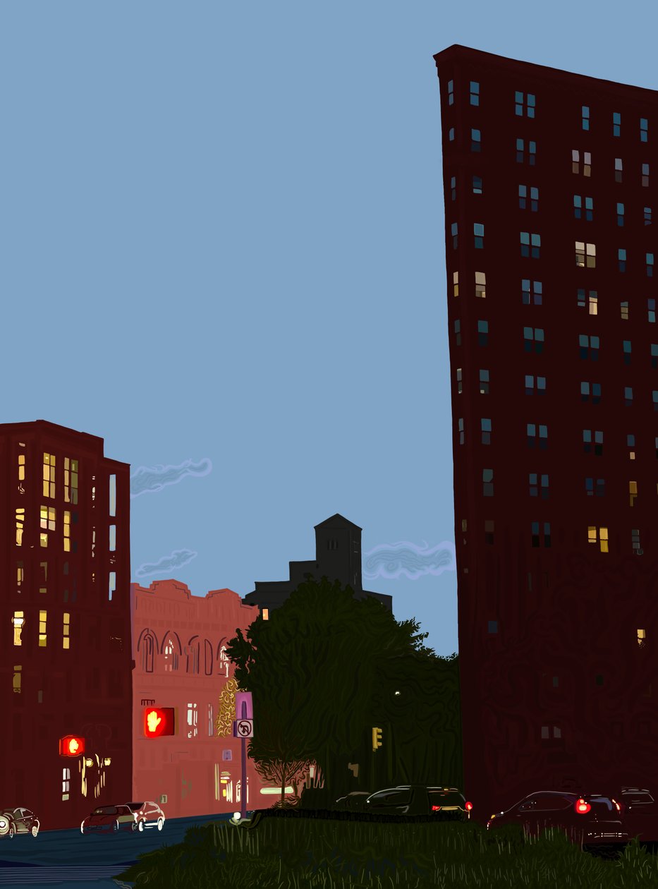 Grand Army Plaza bij zonsondergang, c.2020-24 (digitale kunst) door Evan Sklar