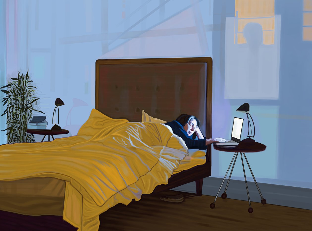 Michelle met laptop in bed en schaduw van Manhattan Bridge (digitale kunst) door Evan Sklar