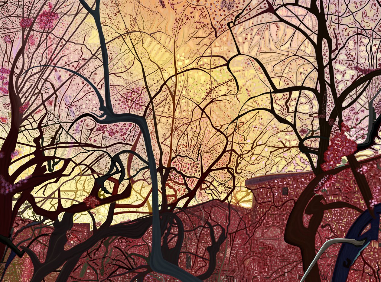 Oranje lucht, gebouwen en bomen in de lente (digitale kunst) door Evan Sklar