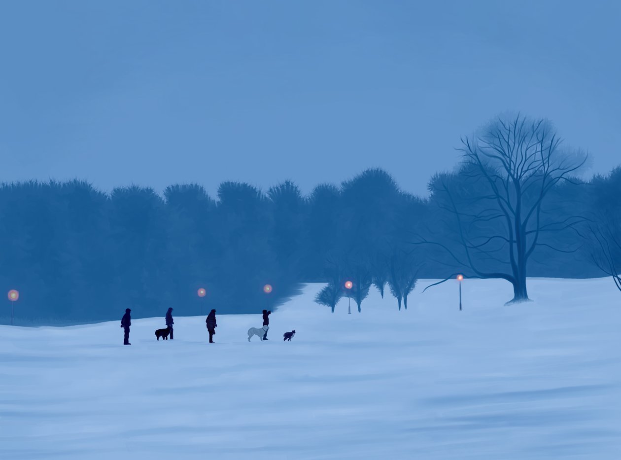 Mensen en honden in de sneeuw in Prospect Park (digitale kunst) door Evan Sklar