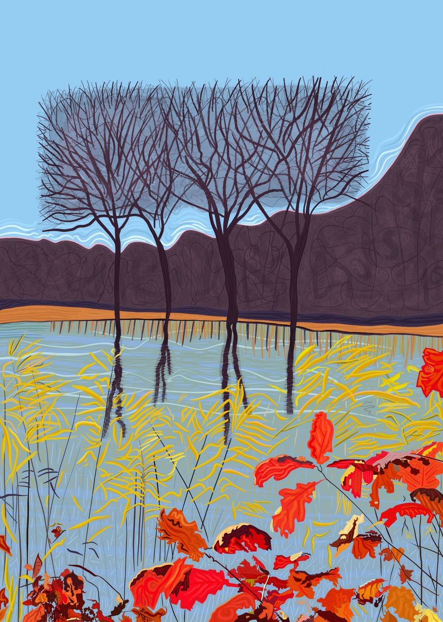 Vijver en bomen in de herfst (digitale kunst) door Evan Sklar