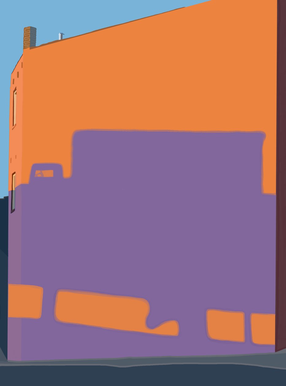 Schaduw van vrachtwagen van verhoogde snelweg op zijkant van gebouw. (digitale kunst) door Evan Sklar
