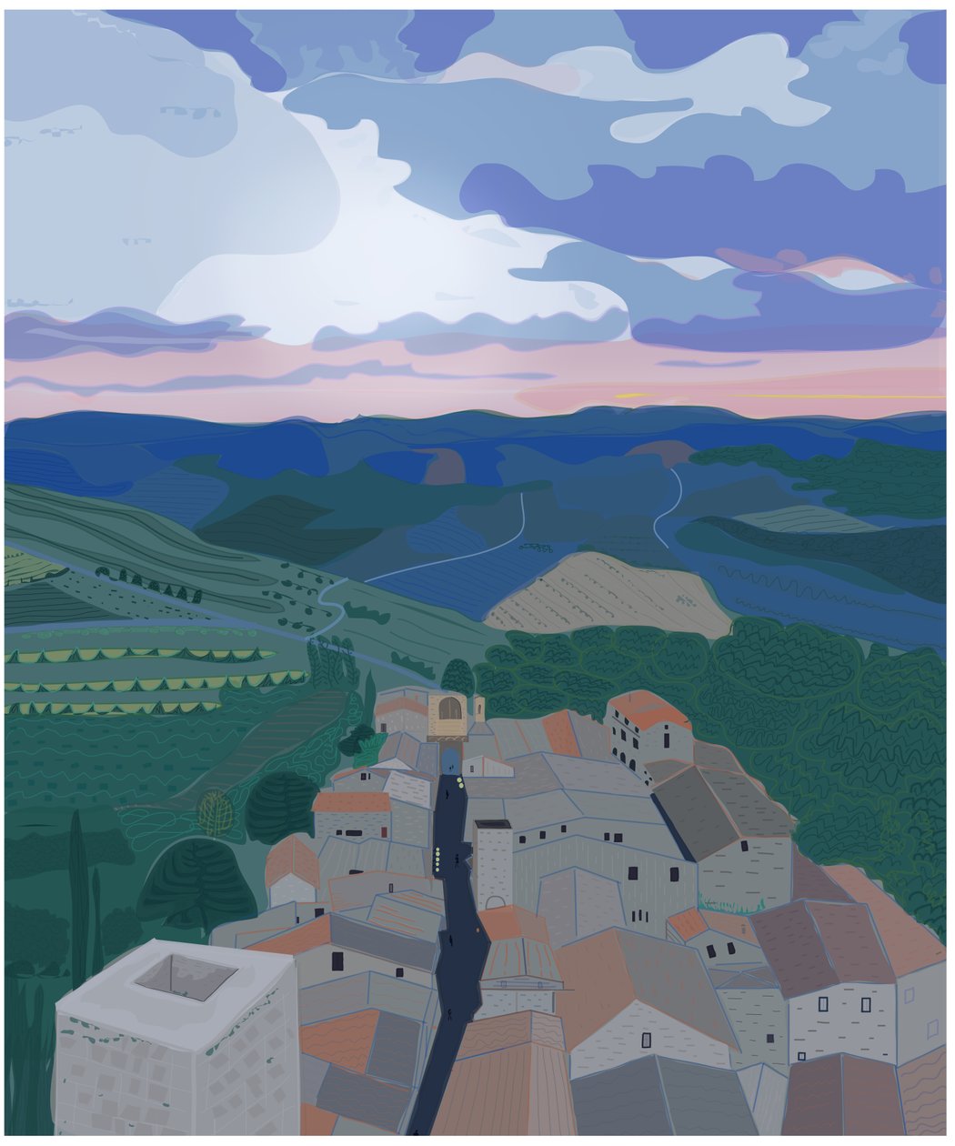 Klein dorpje in Toscane, 2015 (met de hand getekend op een iPad met een Apple potlood) door Evan Sklar