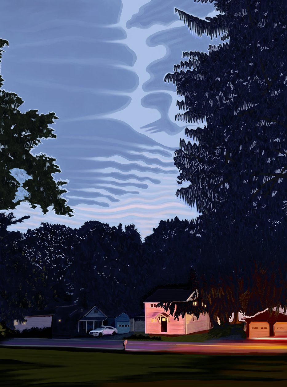Steet en huizen met grote bomen in Hamilton, New York bij schemering (digitale kunst) door Evan Sklar