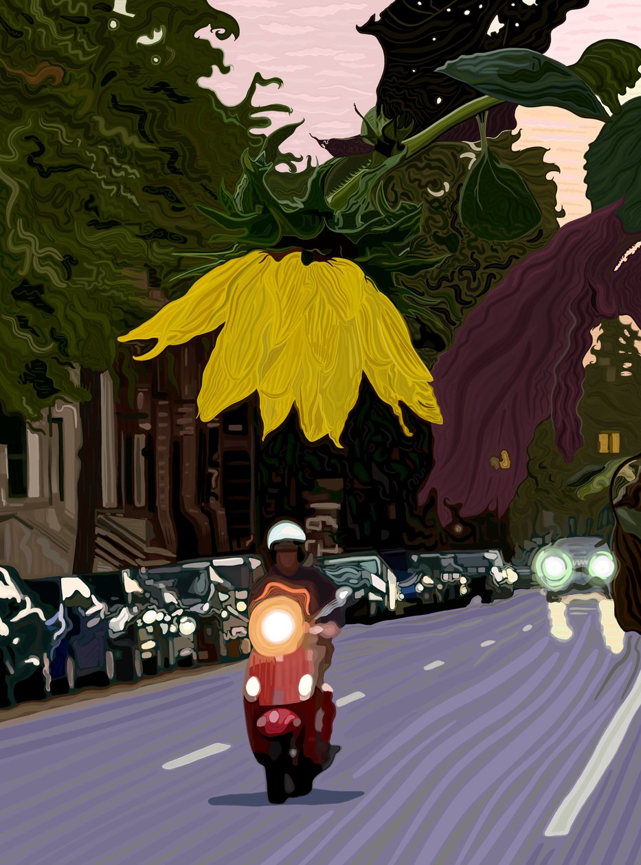 Zonnebloem en man die rode scooter bestuurt (digitale kunst) door Evan Sklar
