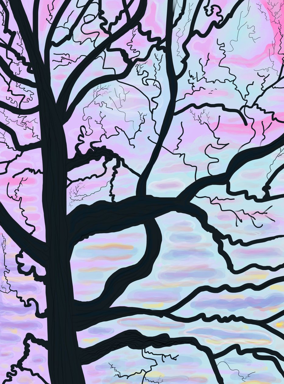 Bomen en takken bij zonsopgang, Frankrijk (digitale kunst) door Evan Sklar