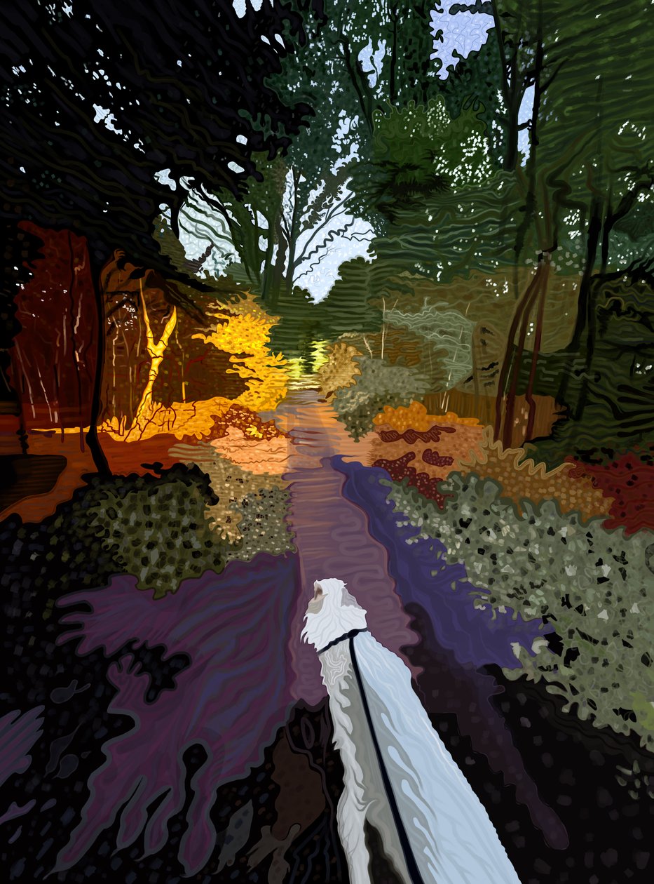 Witte hond loopt in bos (digitale kunst) door Evan Sklar