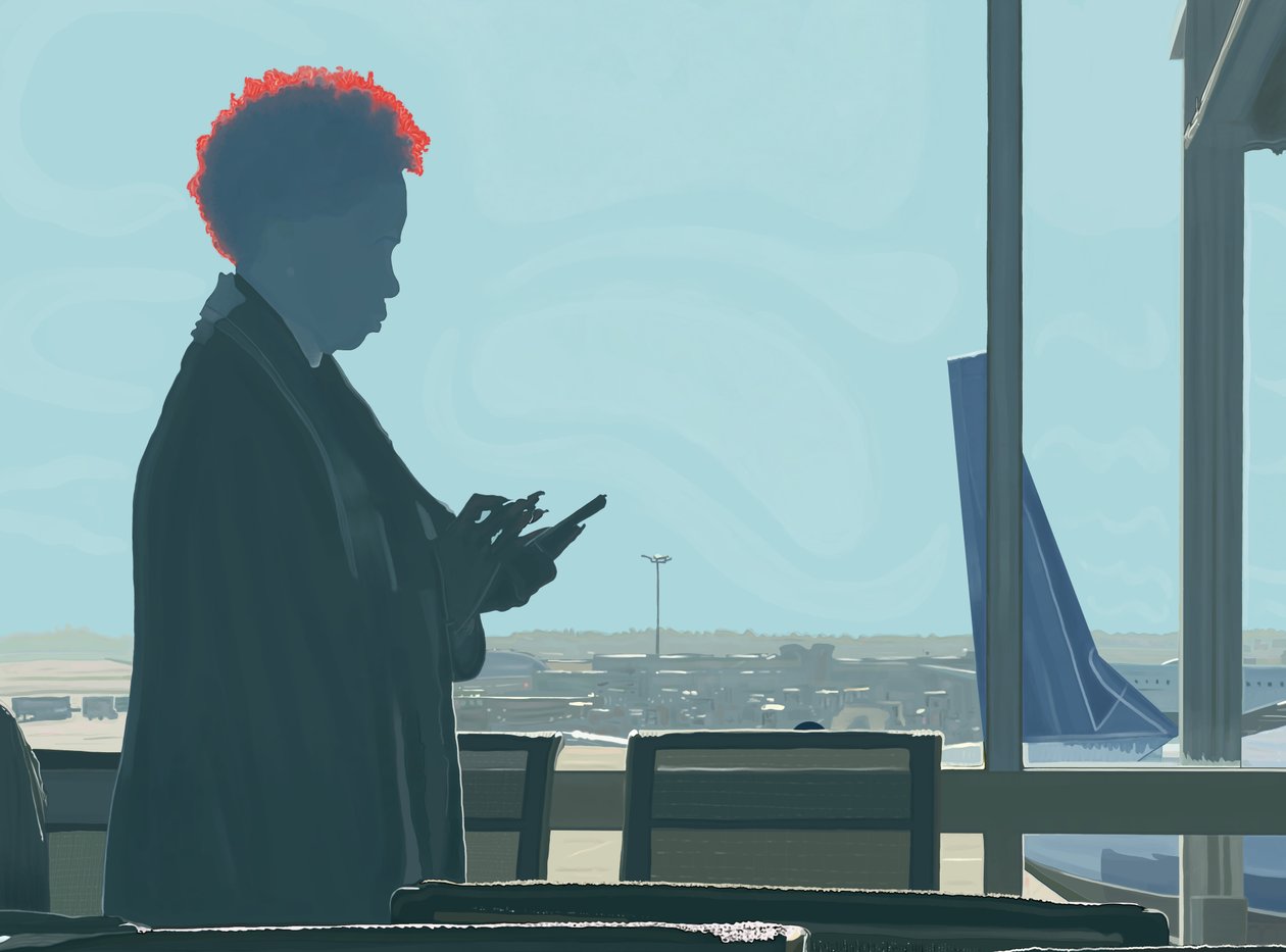 Vrouw wachtend op luchthaven (digitale kunst) door Evan Sklar