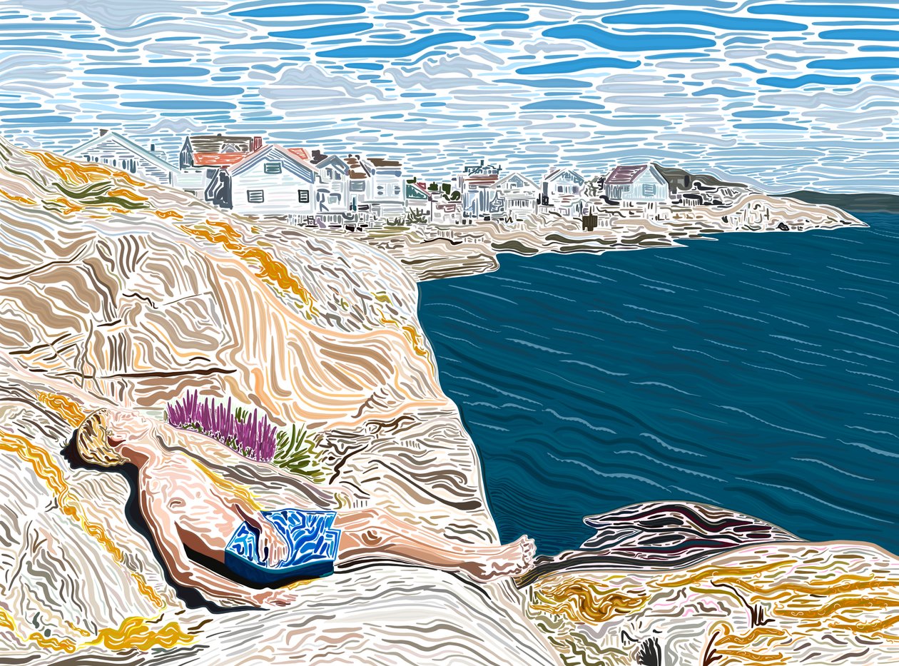 Jonge man aan zee in de zomer zonnen op rotsen. (digitale kunst) door Evan Sklar