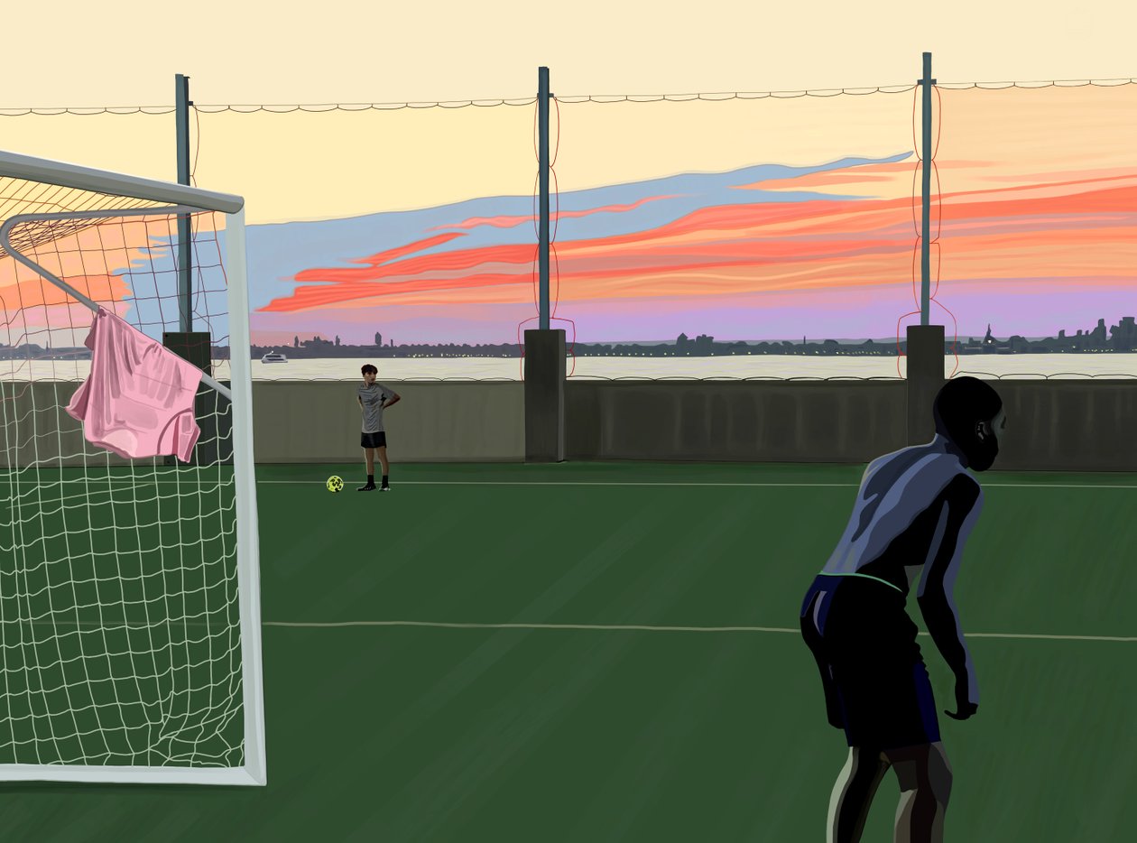 Jeugdvoetbal in Brooklyn Bridge Park (digitale kunst) door Evan Sklar