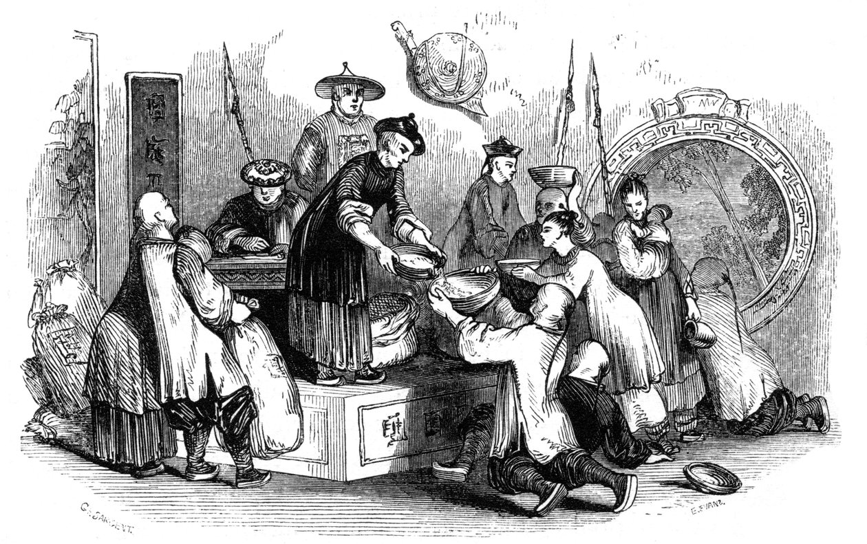 Uitdelen van graan aan de mensen tijdens een periode van schaarste, 1847 door Evans