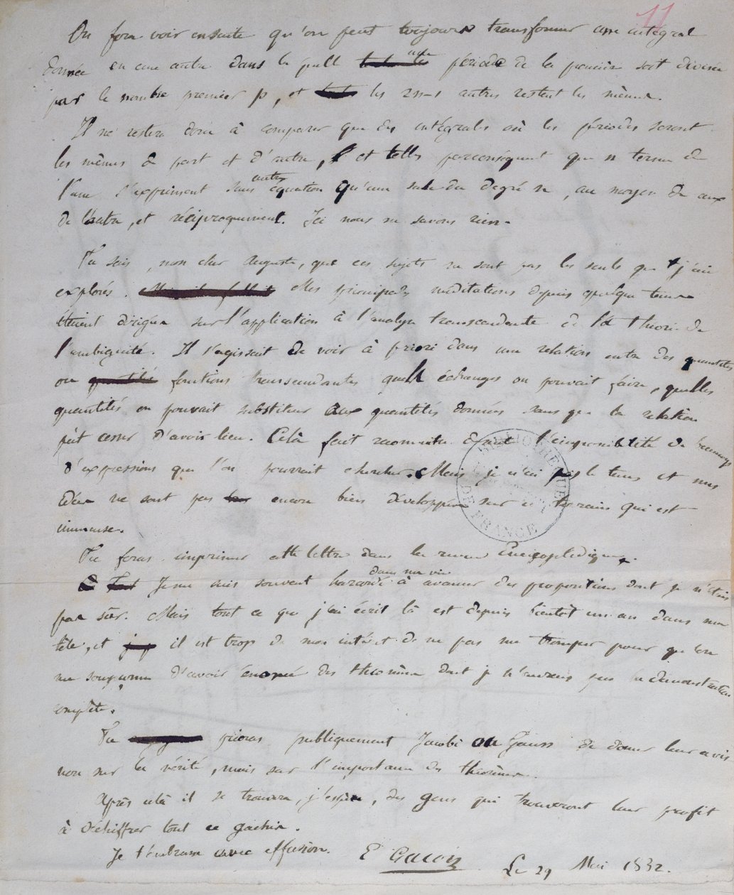 Ms 2108 fol.11r Brief van Gallois aan Auguste Chevalier, 29 mei 1832 door Evariste Gallois