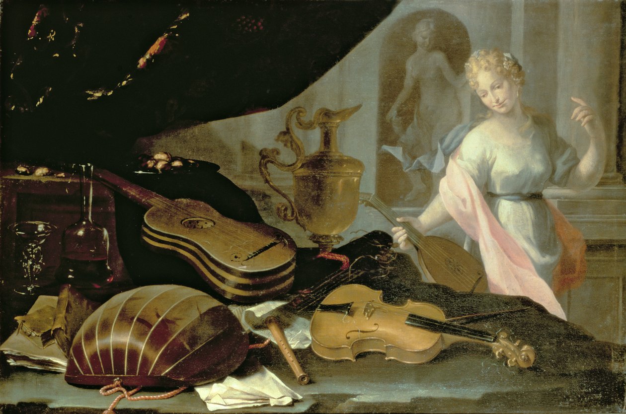 Stilleven van muziekinstrumenten, met een vrouwelijke figuur door Evaristo Baschenis