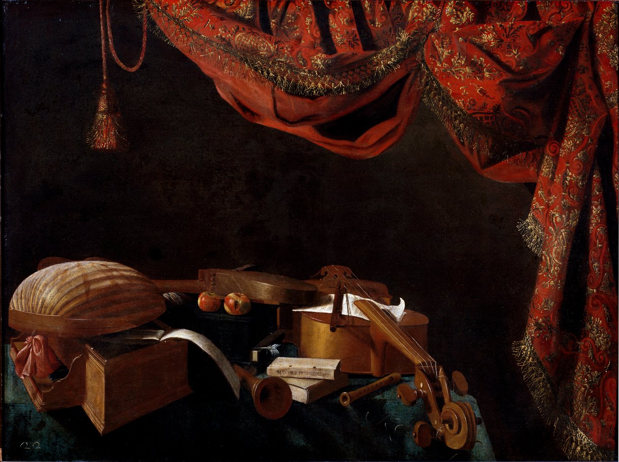 Stilleven met muziekinstrumenten en boeken Schilderij door Evarista Baschenis door Evaristo Baschenis