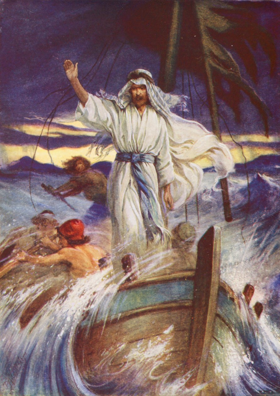 Jezus die de storm stilt (kleurenlitho) door Evelyn Stuart Hardy