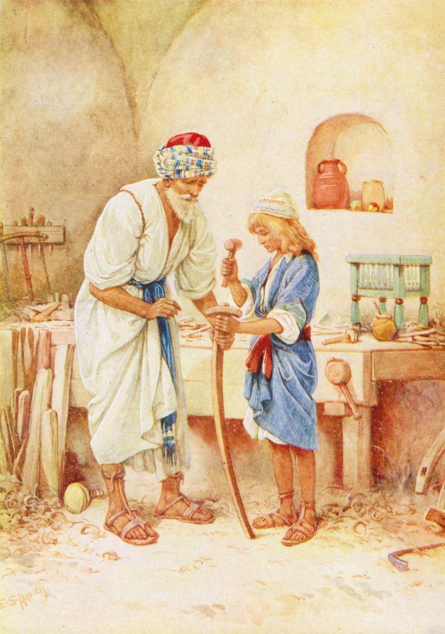 De jongen Jezus in de timmermanswinkel (kleurenlitho) door Evelyn Stuart Hardy