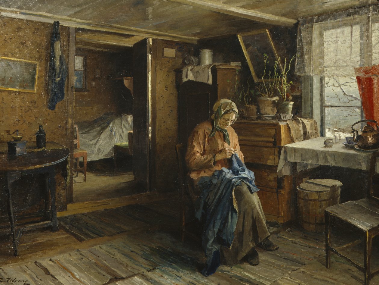 Vrouw in boereninterieur door Even Ulving