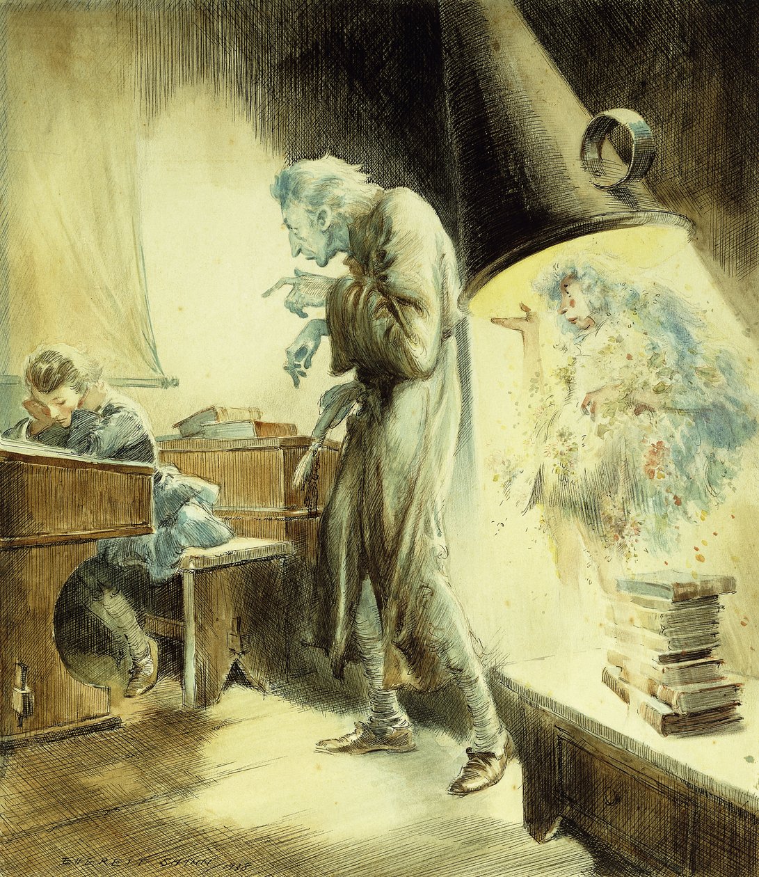 De geest van Kerstmis verleden: Scrooge op de school door Everett Shinn