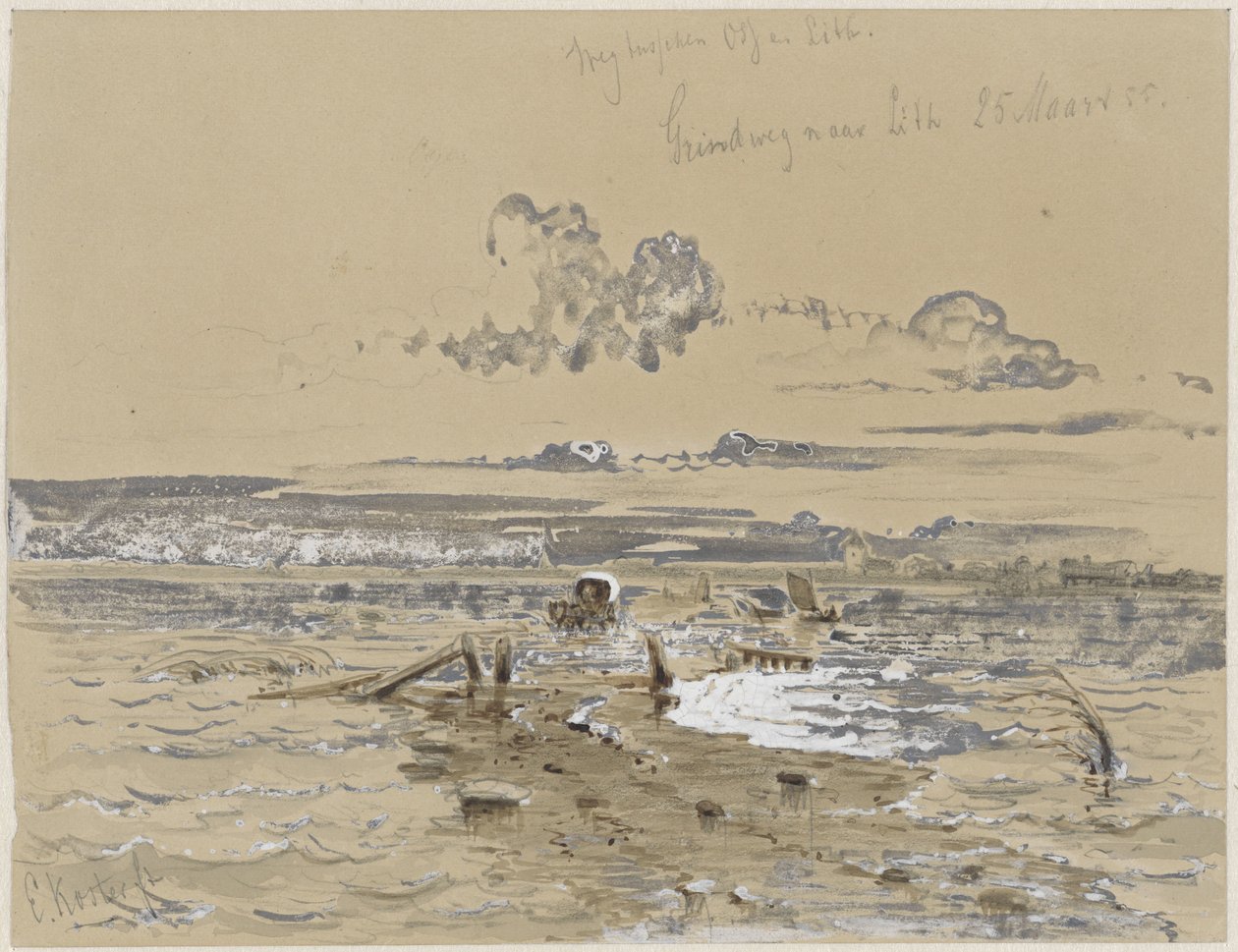 Landschap met de grindweg tussen Oss en Lithoijen door Everhardus Koster