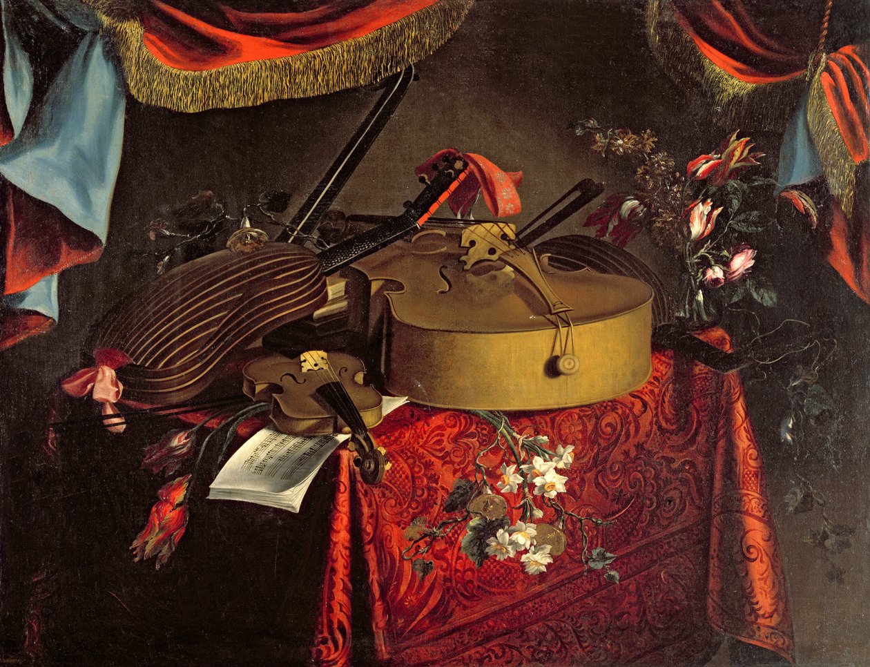 Stilleven van muziekinstrumenten op een tafel met bloemen