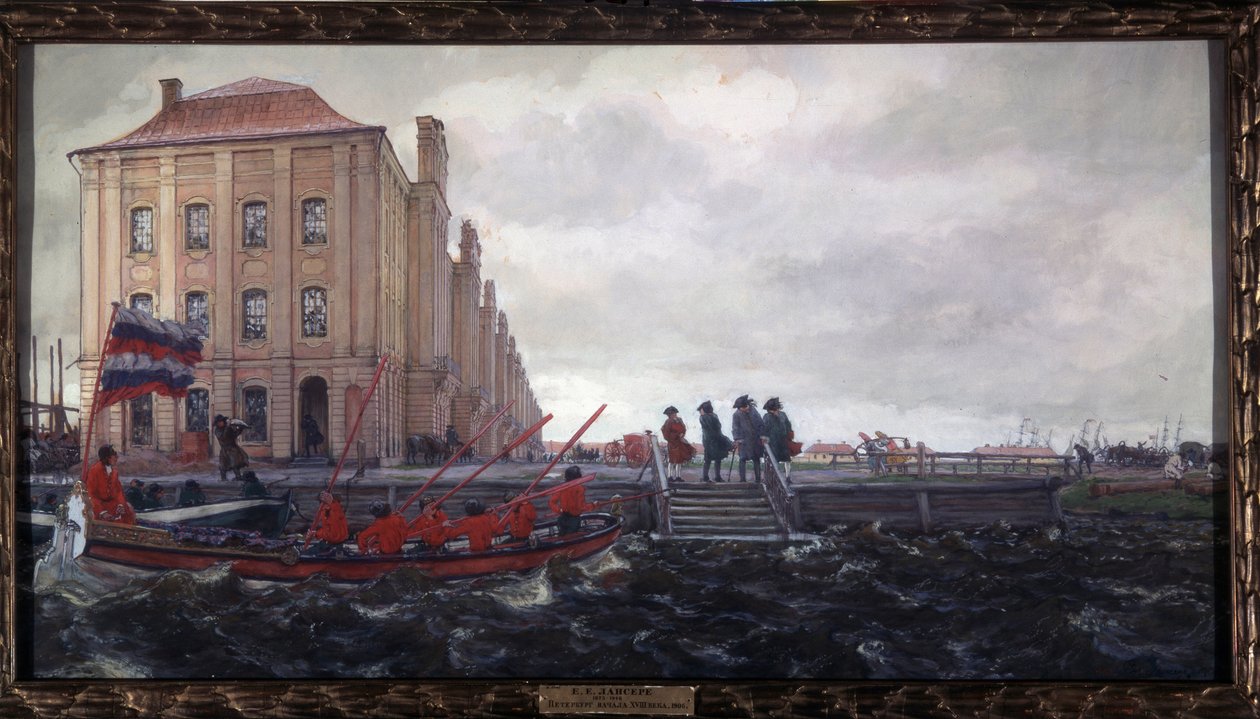 Sint-Petersburg aan het begin van de 18e eeuw. Het gebouw van de Twaalf Collegia. Beschrijving van een kade van de Neva, voor de universiteit, waar mannen wachten op de aankomst van een boot door Evgeni Evgenievitch Lanceray