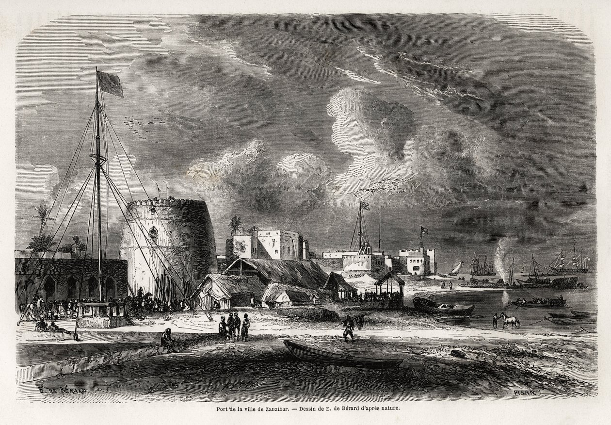 Haven van de stad Zanzibar (huidig Tanzania), tekening door Evremond de Berard (1824-1881), ter illustratie van de reis van kapitein Burton naar de Grote Meren van Oost-Afrika in 1857-1859. Gravure in "Le tour du monde, nouveau journal des voyages" Parijs door Evremond de (after) Berard