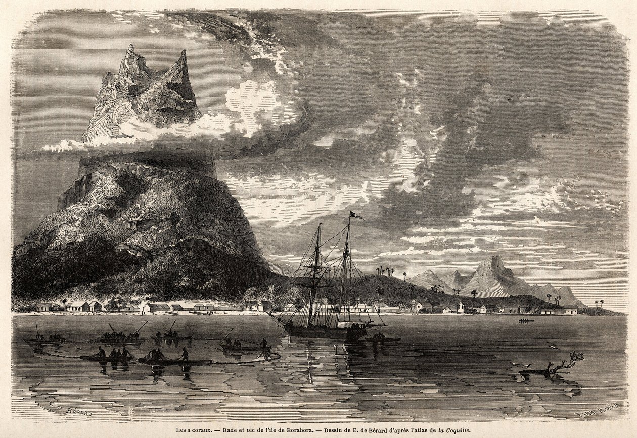 Rade en piek van het eiland Borabora, tekening door Evremond Auguste de Berard, ter illustratie van de reis van een natuuronderzoeker in de Galapagos-archipel en de koraaleilanden, in 1858 door Charles Darwin. Gravure in "Le tour du monde" door Evremond de (after) Berard