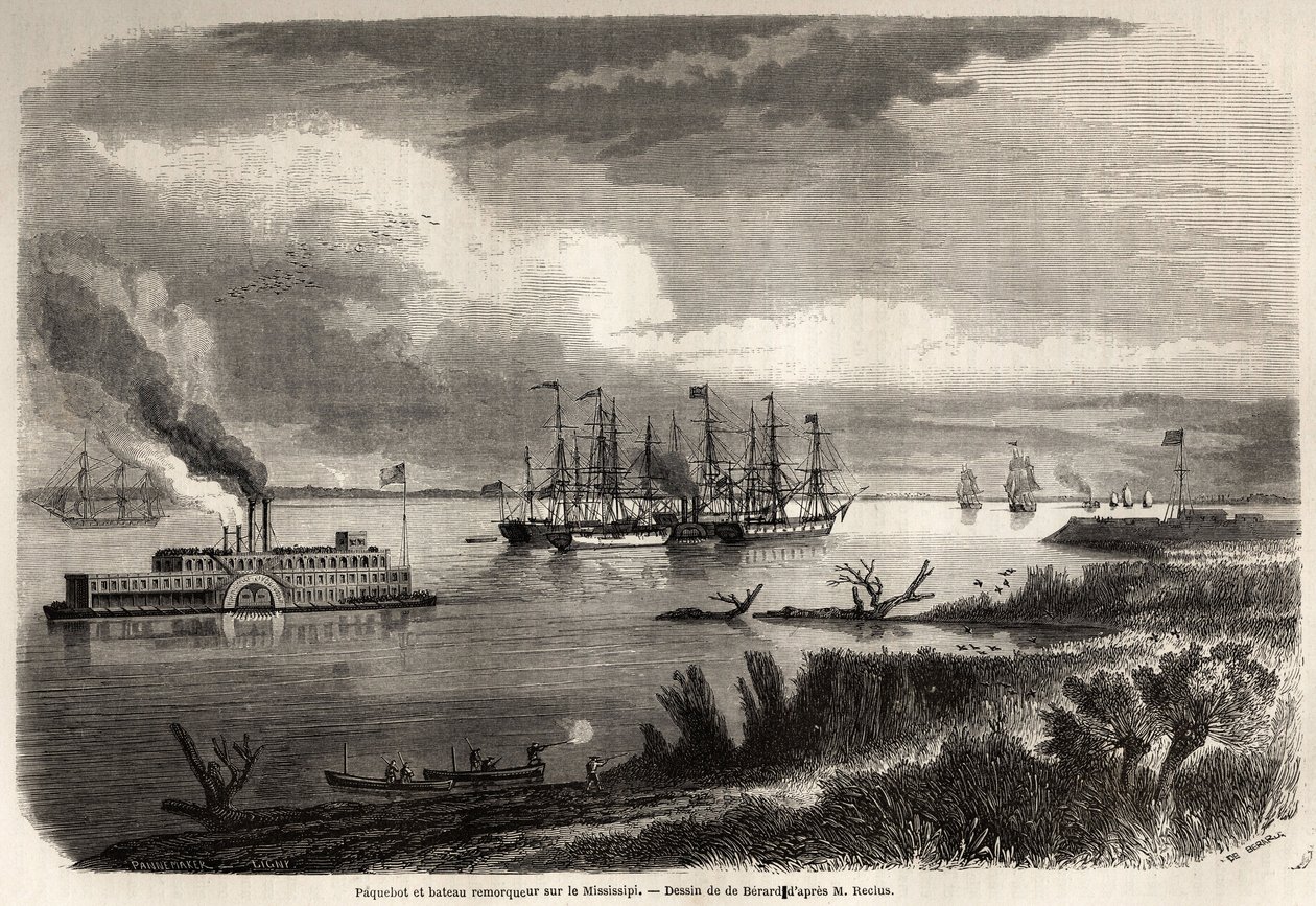 Schip en sleepboot op de Mississippi, tekening door Evremond Auguste de Berard (1824-1881), ter illustratie van de reis naar New Orleans in 1855 door Elysee (Elisee) Reclus (1830-1905). Gravure in "Le tour du monde, nouveau journal des voyages" Parijs door Evremond de (after) Berard