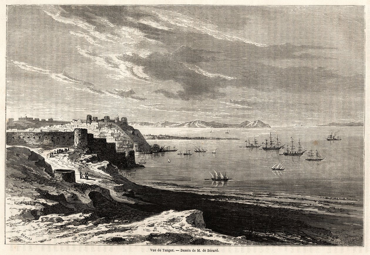 Uitzicht op Tanger (Marokko), tekening door Evremond de Berard (1824-1881), ter illustratie van de reisnotities van M.F.Schickler naar Marokko. Gravure in "Le tour du monde, nouveau journal des voyages" Parijs door Evremond de (after) Berard