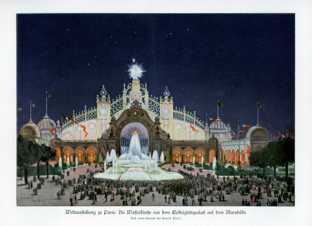 Fonteinen bij het Paleis van Elektriciteit, Champ de Mars, Wereldtentoonstelling Parijs 1889 door Ewald Thiel