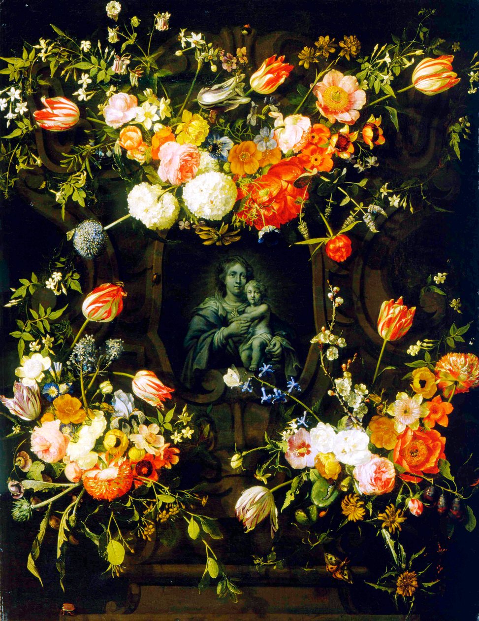 Madonna Omringd door Bloemen, 1662 door Eykens or Ijkens Ykens