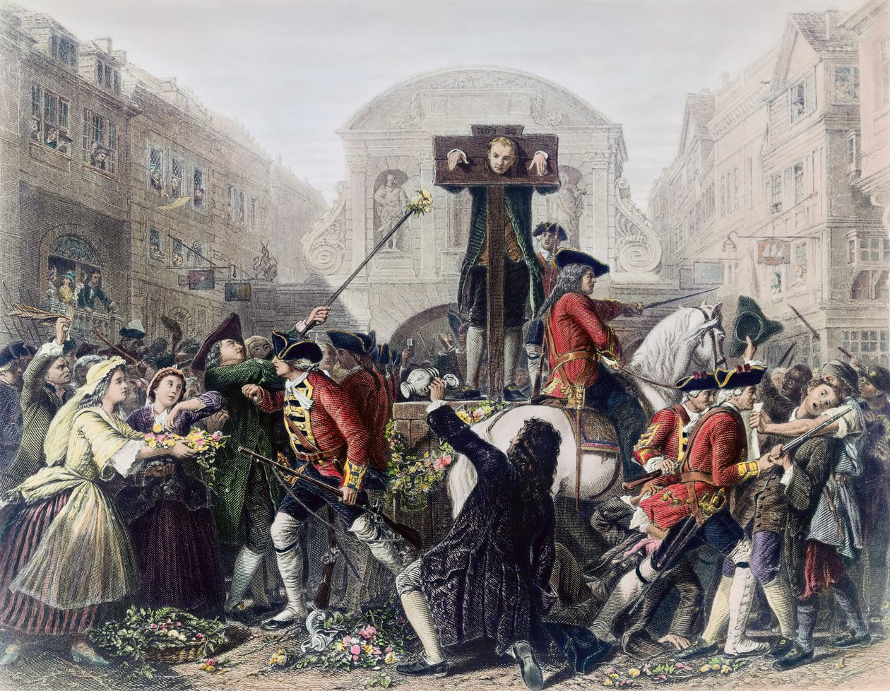 Uitzicht op Daniel Defoe in de schandpaal bij Temple Bar, omringd door een menigte door Eyre Crowe