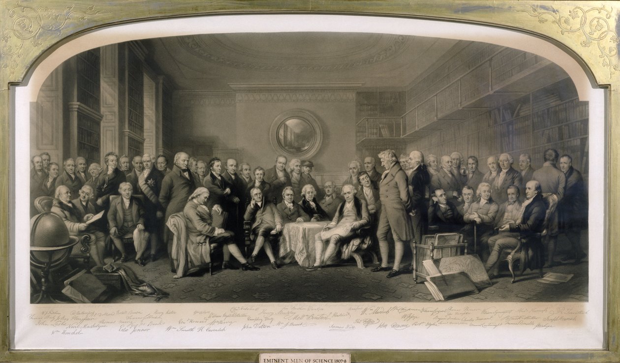 Beroemde wetenschappers, 1807-08, verzameld in de bibliotheek van de Royal Institution, 4 juni 1862 door F and Walker, William Skill