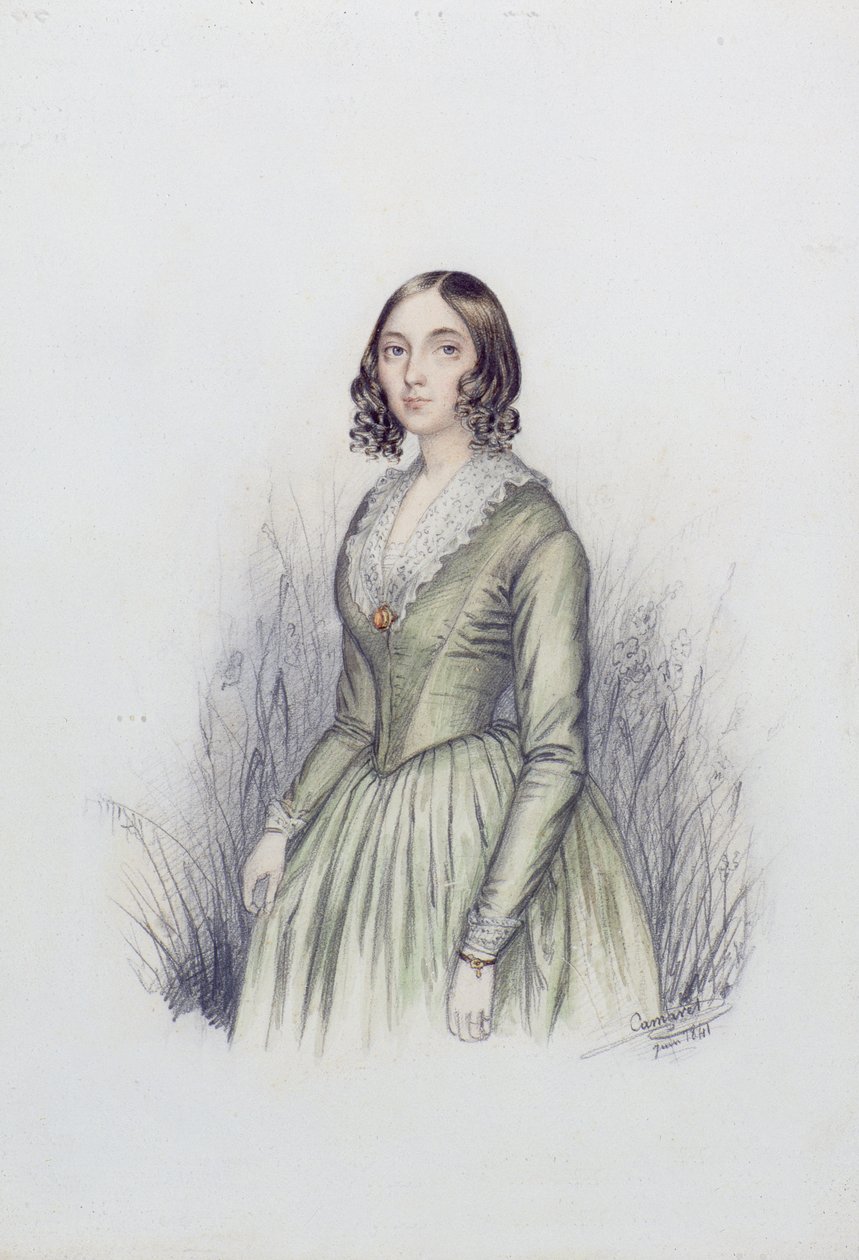 Portret van een Jonge Dame in een Groene Jurk, 1841 door F. Camaret