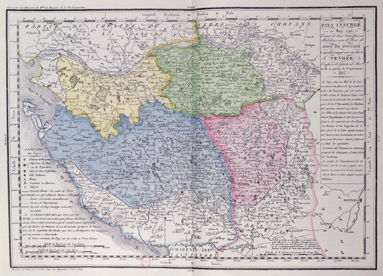 Kaart van de Vendée met het gebied van de Vendée-opstand (1793-96) in maart 1793, ca. 1815 door F. Colliu