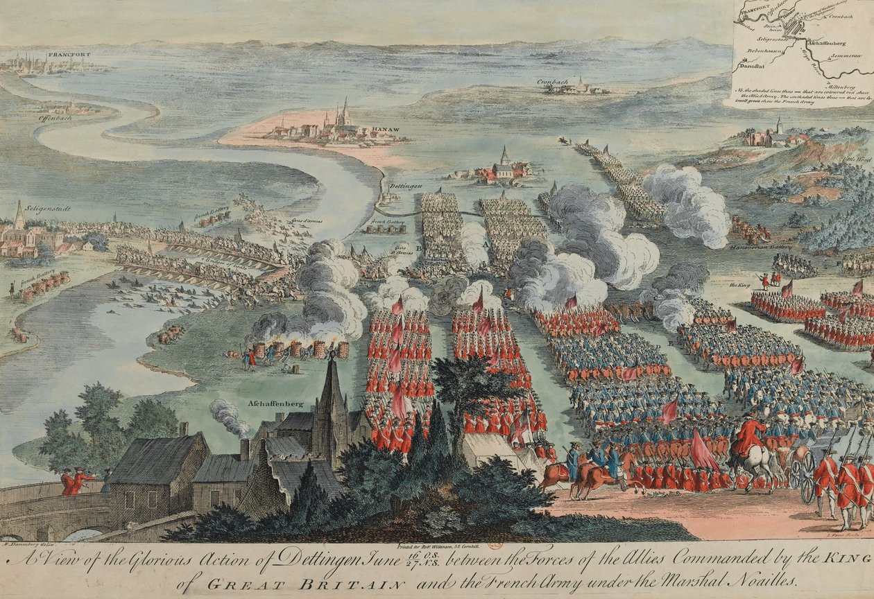 Een uitzicht op de glorieuze actie van Dettingen, 16-27 juni 1743, gegraveerd door I. Pano, uitgegeven door Robert Wilkinson, Londen, 1743 door F. Daremberg