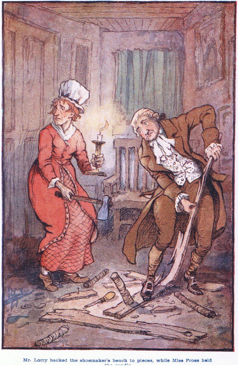 Mr. Larry hakte de schoenmakersbank in stukken, terwijl Miss Pross de kaars vasthield door F. M. B. Blaikie