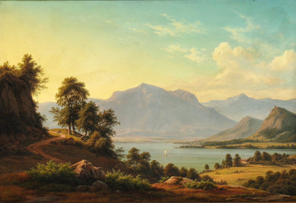Alpenlandschap met rivier en hoge bergen door F.C. Kiærskou