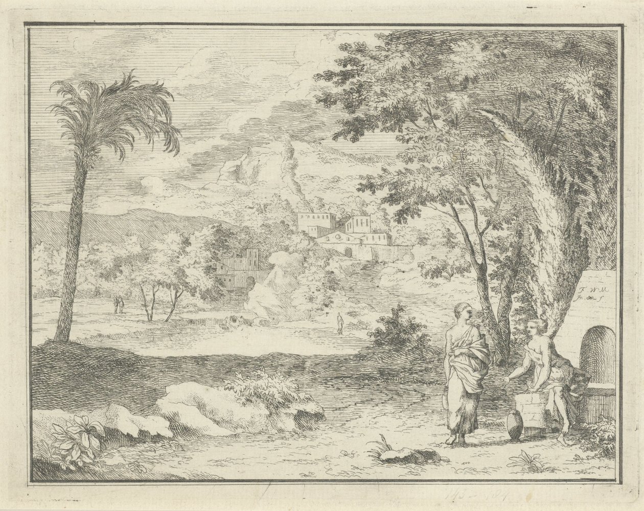 Italianiserend landschap met twee vrouwen door F.W. Musculus