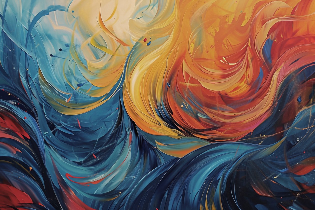 Abstracte compositie in golven van oranje, blauw en geel door F. Abderrahim