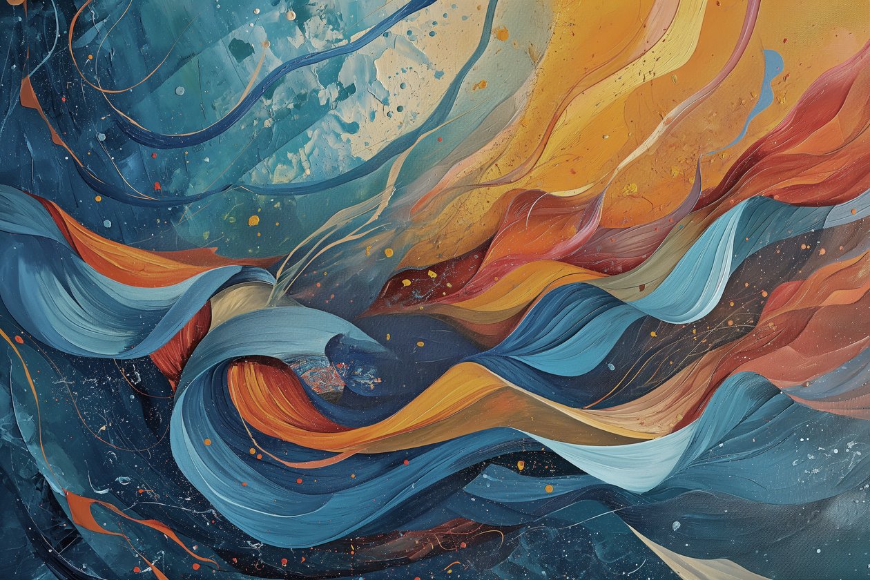 Abstract schilderij in golven van blauw, oranje en geel door F. Abderrahim