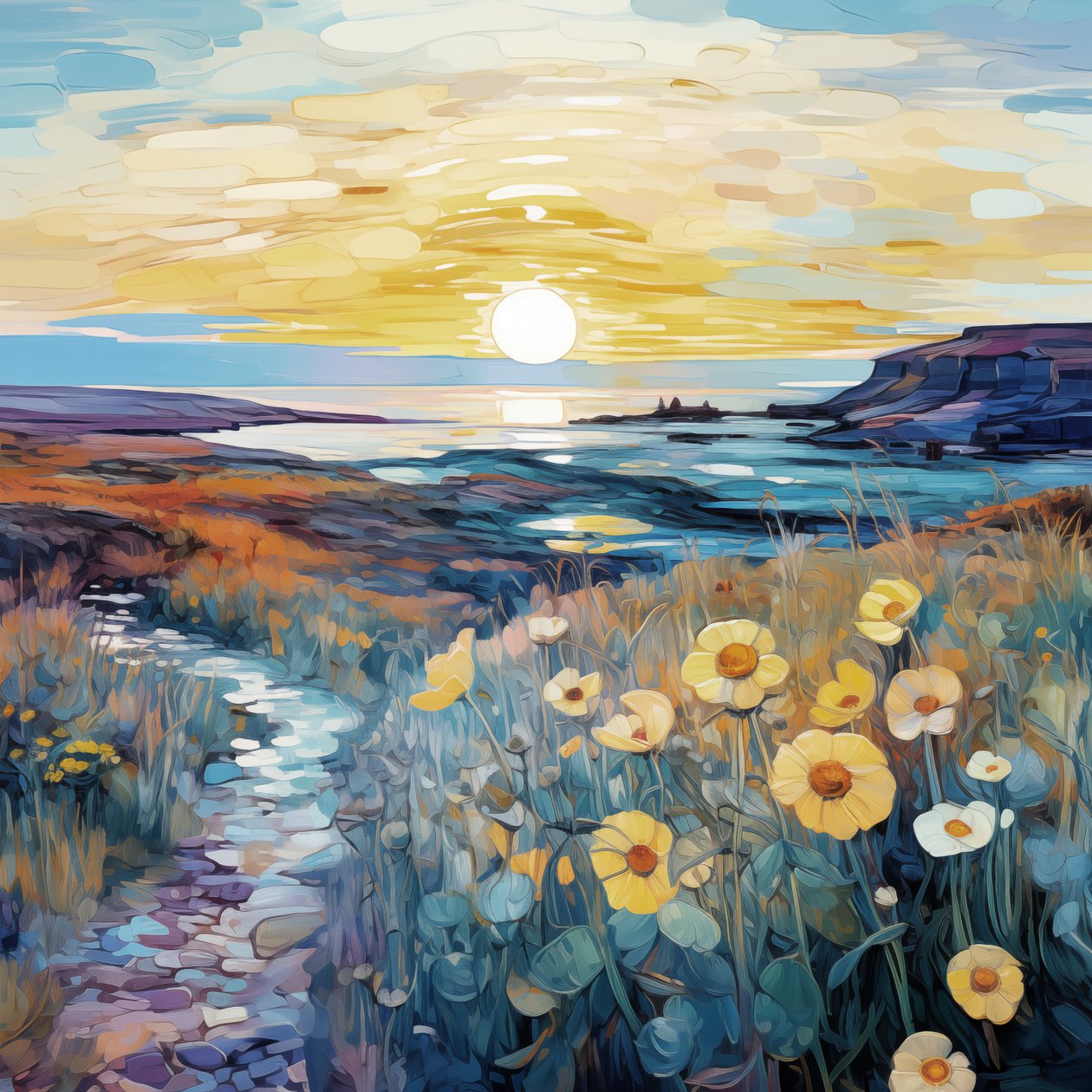 Abstracte paarse bloemen in zonsopgang landschap door F. Abderrahim
